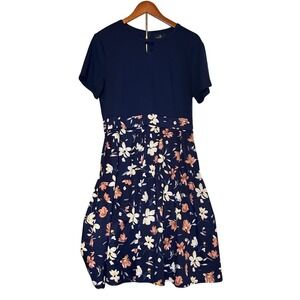 YATHON Size XL Navy Blue Floral Fit Flare Midi DressKeyhole Neck Short Sleeve